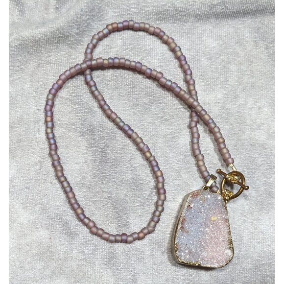Whimsical Fairycore Purple Druzy And Frosted Glass Beaded Necklace - Picture 4 of 6